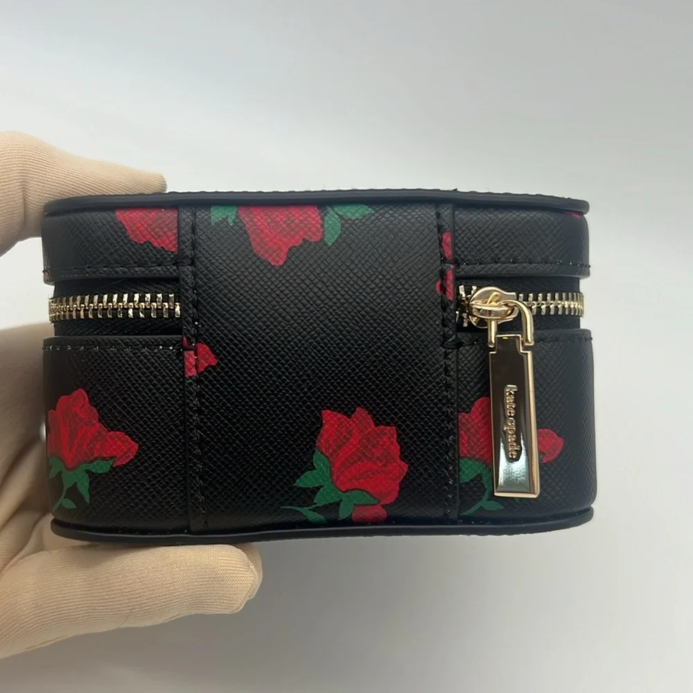Kate Spade Madison Rose Toss Printed Jewelry Holder Case Box Black Red